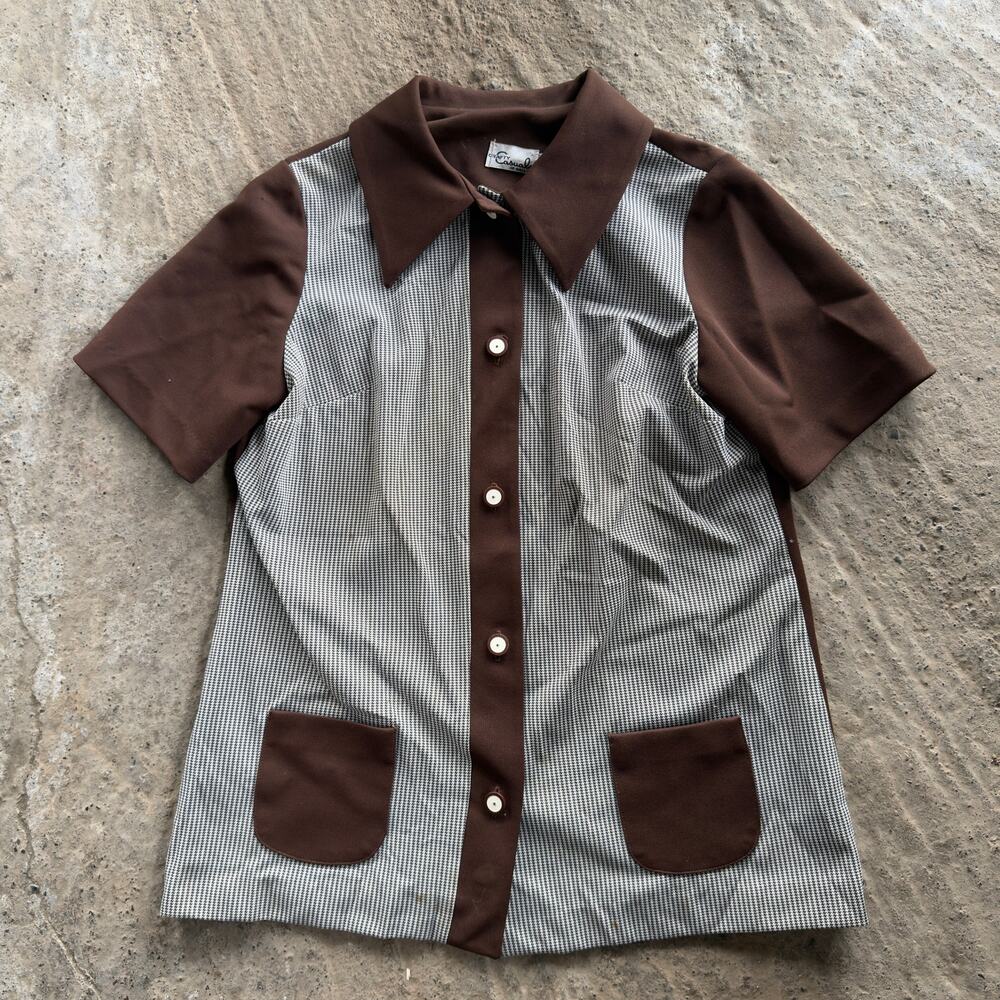 VINTAGE 70s Brown PANELED SHIRT Rockabilly Rock n Roll Jump Jive DISCO WESTERN M